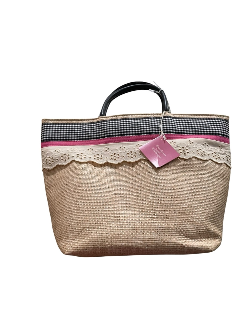 Strawberries & ChampagneWoven Straw Tote Pink Trim and Black Gingham Accent